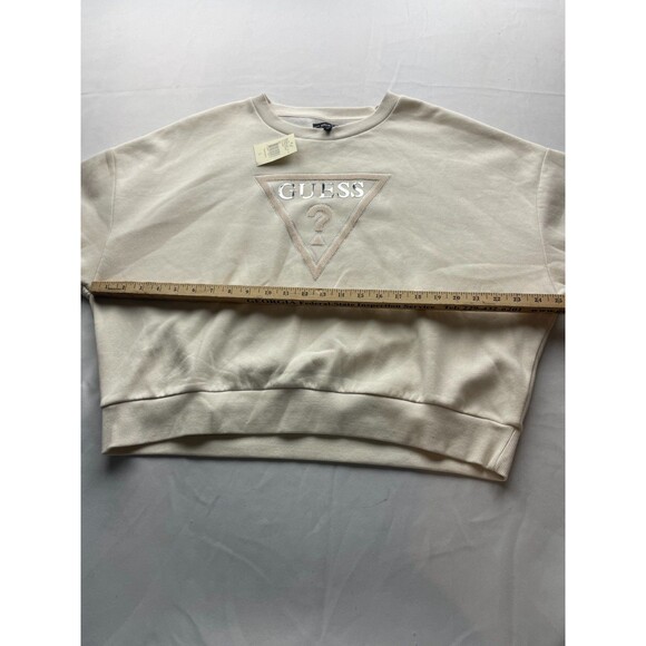 NWT Guess Rhinestone Pony Hair Logo Sweatshirt Large Cream White Fleece Cropped - Picture 4 of 5